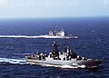 Admiral Levchenko (605) sailing along with USS Hue City in the North Sea, 2004