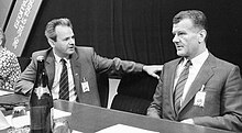 Slobodan Milošević talking with Ivan Stambolić at the Central Committee of SKS session on 28 May 1986