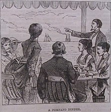 Sunday in New Orleans 1871 by Alfred Waud - A Pompano Dinner - Engraving in "Every Saturday", publication date 15 July 1871. Photographed from reproduction on display at the Historic New Orleans Collection