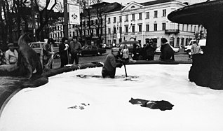 The fountain being cleaned after celebrations in 1983