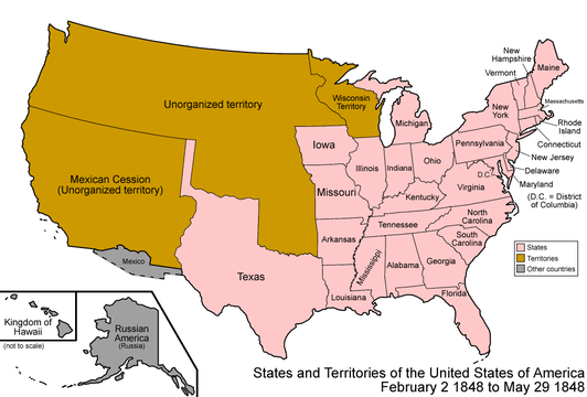 Map of the United States after the Treaty of Guadalupe Hidalgo was signed on February 2, 1848