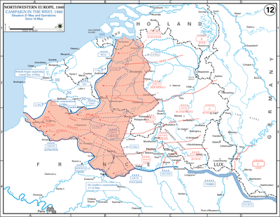 The operating area of the various Belgian, British, and French field armies and Army groups are shown in blue. The German field armies and Corps are shown in red. The red area denotes the territory captured by Germany between 16 and 21 May 1940.