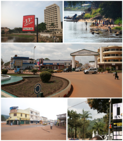 From left to right, top to bottom: Oubangui Hotel, shores of Bangui, Bangui Shopping District, pedestrian crossing, view of a street