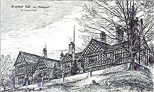 A sketch of the exterior of the side of a large building atop a hill with a tree in the foreground.