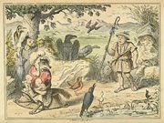 Comic History of Rome Table 01, featuring a matronly she-wolf and Picus, the woodpecker overhead. John Leech (c.1850)