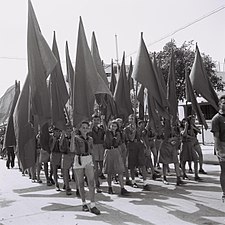 Members of the Hashomer Hatzair youth movement march in the May Day parade in Tel Aviv, 1946.