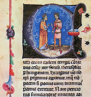 Chronicon Pictum, Hungarian, Hungary, King Géza II of Hungary, King Louis VII of France, good relationship, meeting, crown, royal regalia, Second Crusade, crusaders, medieval, chronicle, book, illumination, illustration, history