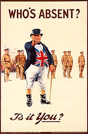 British World War I recruiting poster featuring the national personification, John Bull, c. 1915. "Who's absent? Is it you?"