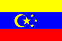 Flag with yellow, blue and red horizontal stripes and yellow crescent with stars