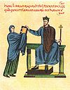 Mieszko II Lambert receiving a liturgical book from Matilda of Swabia