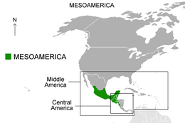 We can see that Mesoamerica its between Zacatecas and Aguascalientes, Mexico, & Nicaragua and El Salvador