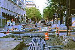 Photograph of construction on 5th Avenue at Yamhill Street