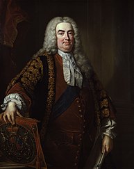 A painting of Walpole in formal attire and a powdered wig