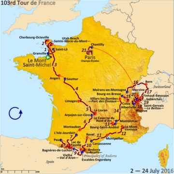Map of France showing the path of the race going counter-clockwise.
