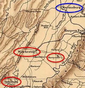 Old map with relevant cities circled