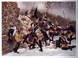 Painting of Prussian grenadiers fighting at a stone wall at the Battle of Leuthen