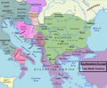 First Bulgarian Empire (681–1018 AD) and Byzantine Empire (286/395–1453 AD) in 850 AD.