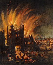 A gateway at night, with huge flames coming out of the top. People can be seen in the foreground removing their belongings, and in the background London's cathedral burns.