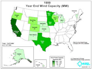 An animated map of installed wind power capacity in the U.S. from 1999 to 2015.