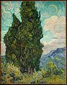 Das Gemälde zeigt eine charakteristische Faktur. Die Farbe ist pastos und in kleinen Strichen nebeneinander in Bögen, Wellenlinien, Spiralen und Kreisen aufgetragen. Vincent van Gogh: Zypressen, 1889.