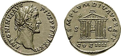 Sesterz des Kaisers Antoninus Pius, Rückseite: „COS IIII“, d. h. 4. Consulat