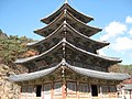 Rare wooden pagoda on the grounds of Beopjusa Temple. A Buddhist temple.