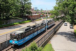 A St. Louis MetroLink train on the Blue Line