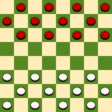 8x8 board, starting position in English, Brazilian, Czech and Russian draughts, as well as Pool checkers
