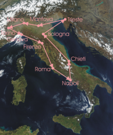 Route of the 11th Giro d'Italia, run anti-clockwise from Milan to Milan