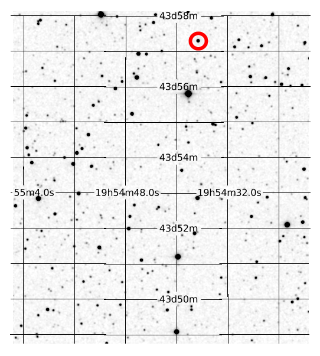 Aufnahme des Two Micron All Sky Survey im J-Band, Kepler-186 ist der Stern im roten Kreis