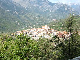 The village of La Bollène Vésubie seen from the north side of the Col de Turini