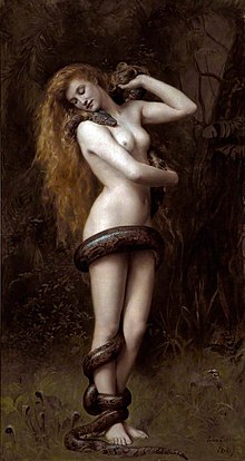 A nude woman in a forest with a snake wrapped around her.