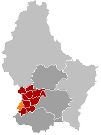 Map of Luxembourg with Clemency highlighted in orange, and the canton in dark red