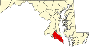 Map of Maryland highlighting St. Mary's County
