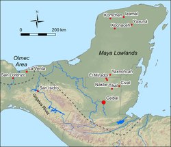Map of the Maya Region with the Maya Lowlands demarcated and some Maya sites and prominent rivers labelled, published 2019 by Inomata et al via PLOS ONE