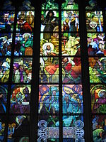 Window by Alfons Mucha, Saint Vitus Cathedral Prague, has a montage of images, rather than a tightly organised visual structure, creating an Expressionistic effect.