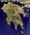 The Peloponnese seen from space, with the Isthmus of Corinth at upper right