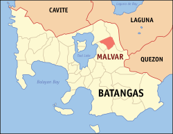 Map of Batangas with Malvar highlighted