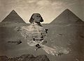 Image 18 Great Sphinx of Giza Photo: Maison Bonfils; Restoration: Lise Broer A late nineteenth century photo of the partially excavated Great Sphinx of Giza, with the Pyramid of Khafre (left) and the Great Pyramid of Giza (right) behind it. The Sphinx is the oldest known monumental sculpture, and is commonly believed to have been built by ancient Egyptians of the Old Kingdom in the reign of the pharaoh Khafra. More featured pictures