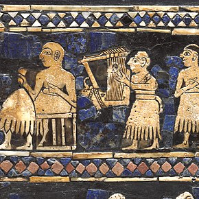 a depiction of a lyre player entertaining guests, made with shell, lapis lazuli, red limestone, and bitumen