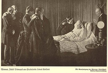 Wilhelm I. auf seinem Totenbett, mit seiner letzten Unterschrift