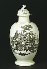 Royal Worcester soft-paste tea canister, transfer-printed in black enamel c. 1768
