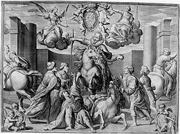Sigismund on horseback striking Turks and Muslims with a lance