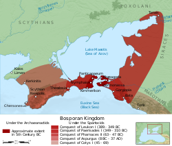 Map showing the early growth of the Bosporan Kingdom, before its annexation by Mithridates VI of Pontus.