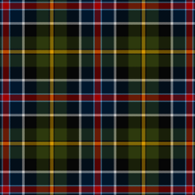 An olive-dominated tartan with a fair amount of navy blue and black, and over-checks of red (with sky-blue guard lines), yellow (guarded by black), and white