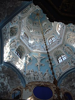 Church of the Theotokos of the Sign, Dubrovitsy, has an elaborate Rococo variation on the Russian tented roof.