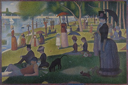 Georges Seurat's 1884 painting A Sunday Afternoon on the Island of La Grande Jatte depicts a woman on the right with a prominent bustle under her dress.