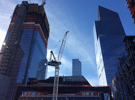The completed 10 Hudson Yards (on the right) with 30 Hudson Yards still under construction (on the left) as of May 2017