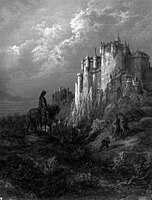 Edyrn with His Lady and Dwarf Journey to Arthur's Court, in Idylls of the King by Lord Alfred Tennyson, illustrated by Gustave Doré