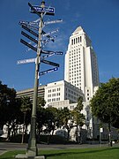 City Hall with a street sign indicating Los Angeles' twin towns and sister cities.